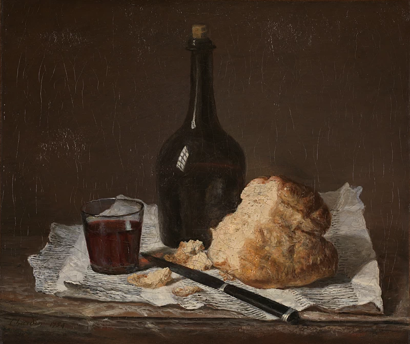 Jean Siméon Chardin - Natura morta con bottiglia, bicchiere e pane, National Gallery, London